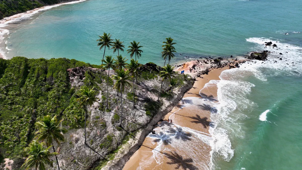Vista aérea da Praia de Coqueirinho, em Conde (PB), com falésias, coqueiros e mar verde