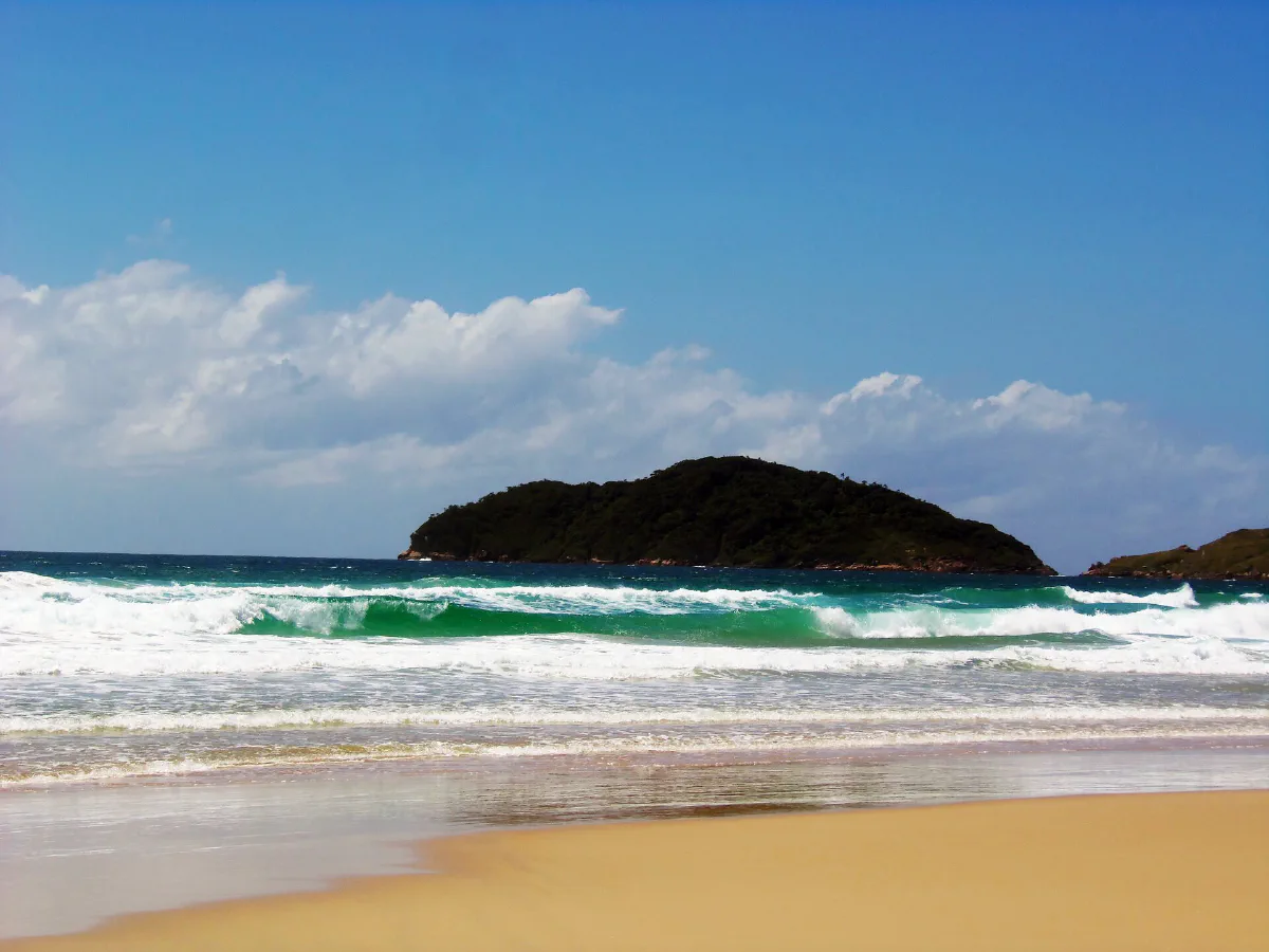Ondas quebrando no costão da Praia do Santinho, com mata no morro.