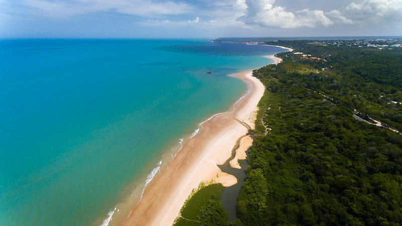 Vista de cima da praia de Mundai em Porto Seguro na Bahia com uma grande vegetação verde do lado direito e um mar de água azul do lado esquerdo 